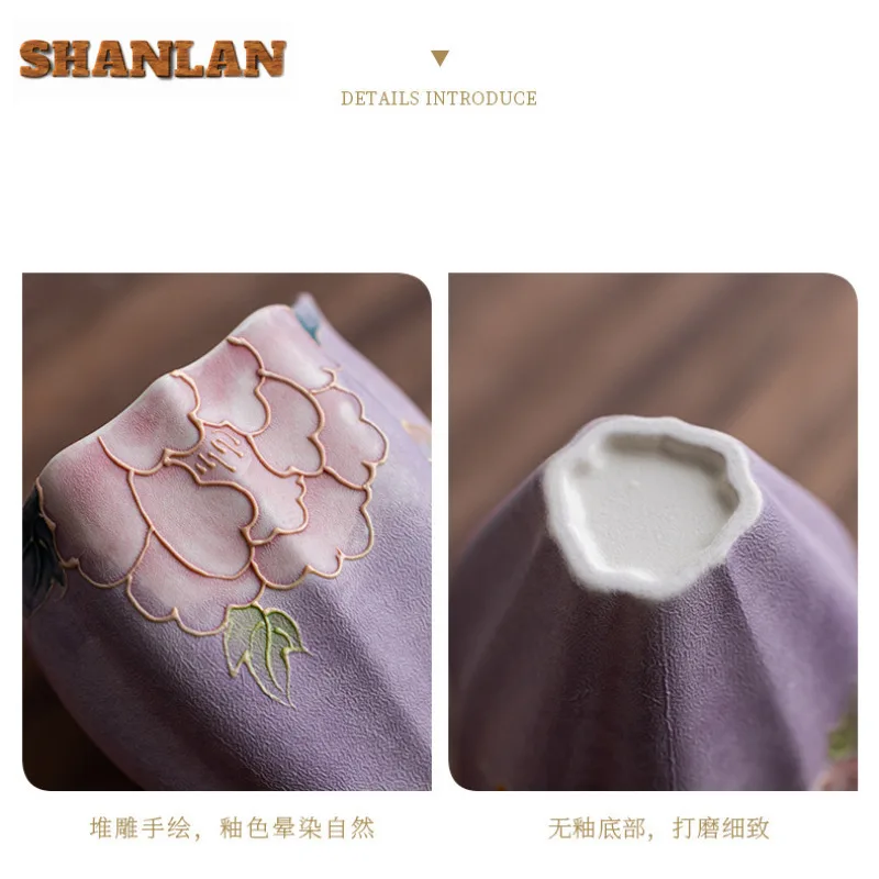 رسمت باليد الفاوانيا فنجان الشاي وعاء شاي أنيق كوب لطيف الشاي تذوق كوب شخصي Chazhan ماستر أكواب مستلزمات الشاي المنزلية