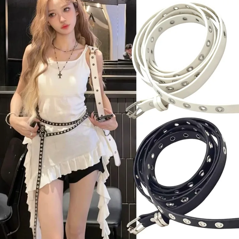 

Удлиненный пояс из искусственной кожи Spicy Girls с двойным кругом, пояс 200 см, двухслойный ремень с отверстиями Y2K, узкий завязанный пояс