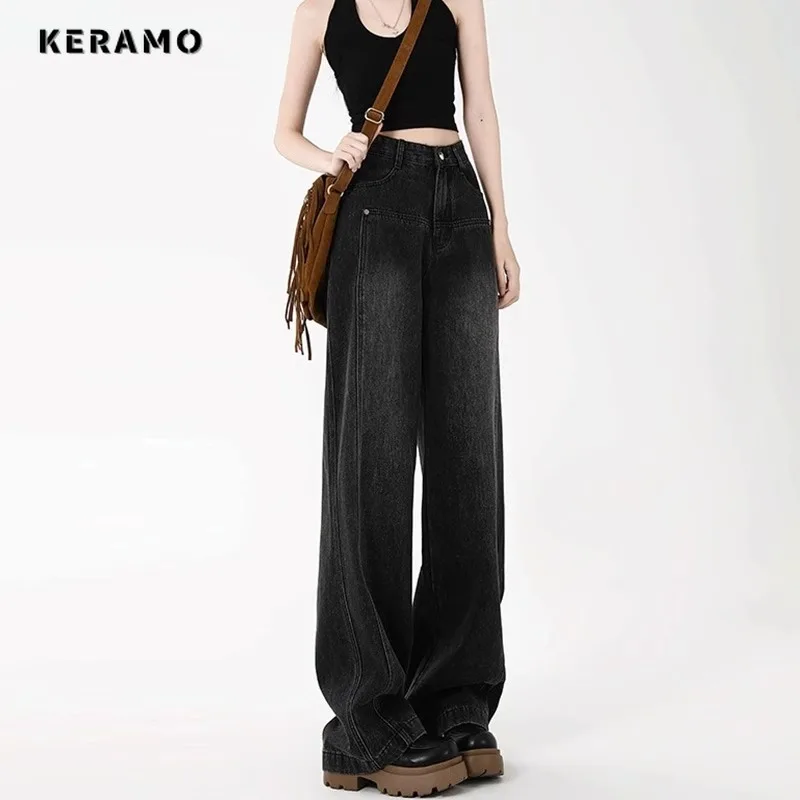 

American Vintage High Waist Black Straight Jeans Pants Women's Casual Baggy Y2K Wide Leg Grunge Streetwear Style Denim Trouser