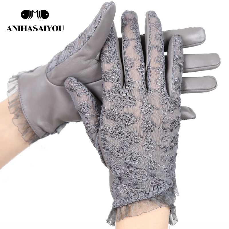 Guantes de encaje de piel de oveja a la moda, seis colores, guantes de cuero para conducir para mujer, guantes de cuero bordados clásicos para