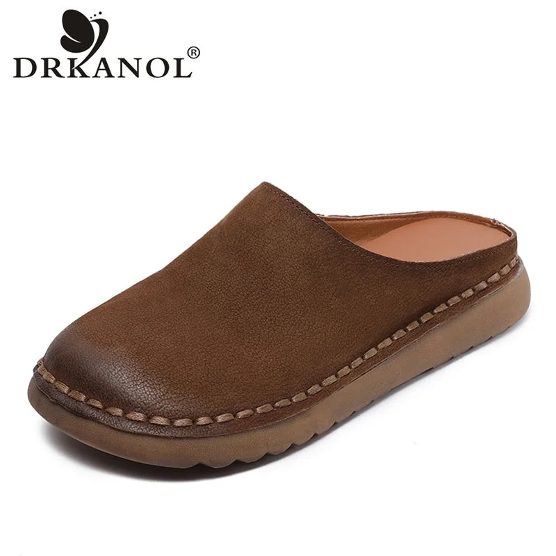 DRKANOL Women Slippers Summer Round Toe Slip On Slingback Shoes Handmade Retro Genuine Cow Leather Flat Slippers Casual Slides