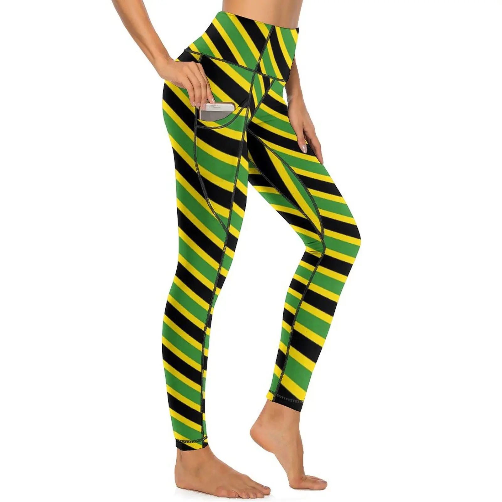 

Jamaica Flag Leggings Sexy Green Yellow Stripes Workout Yoga Pants High Waist Stretchy Sports Tights Retro Graphic Leggins