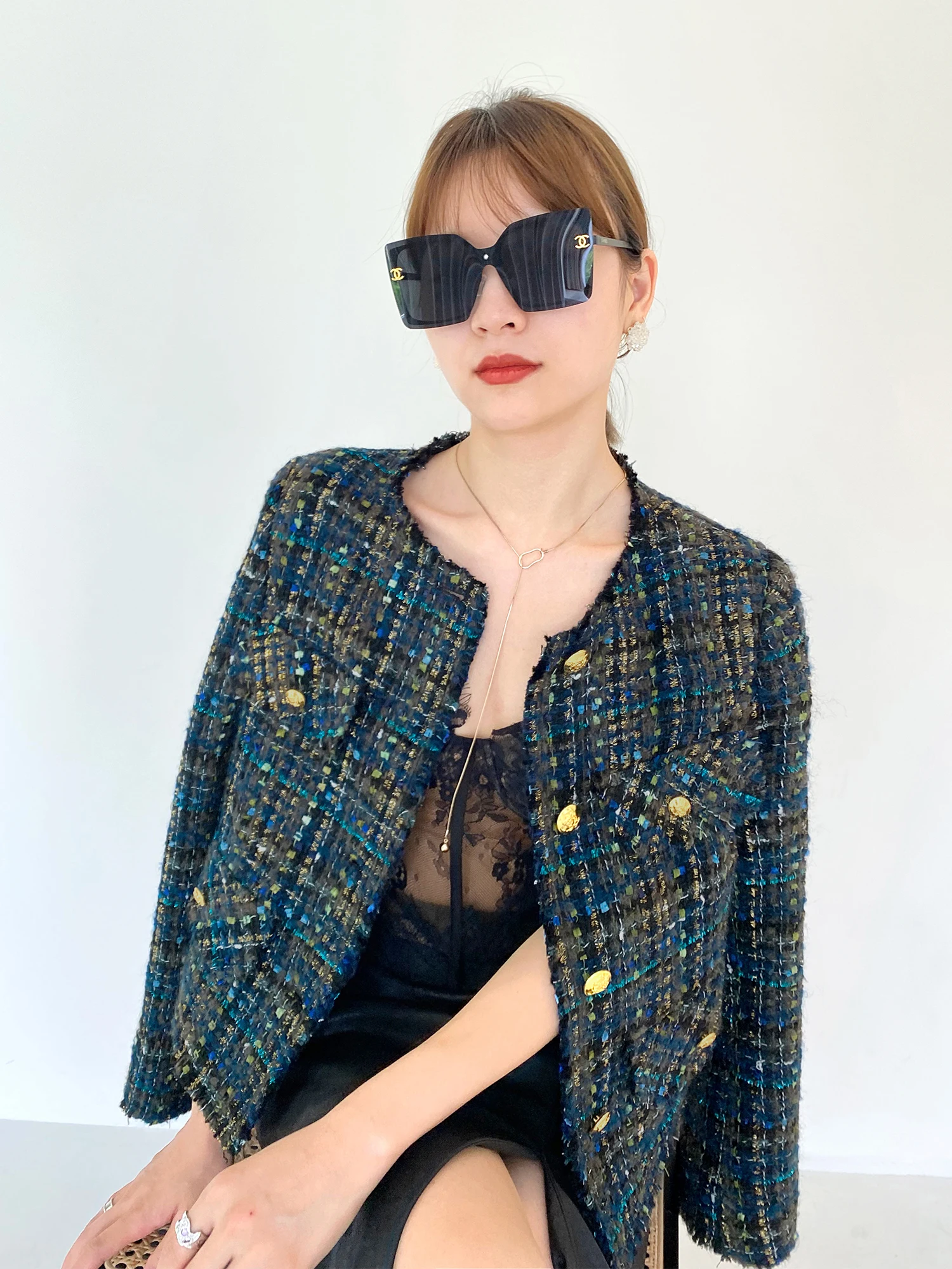

Винтажное пальто GONGJIU Peaco Blue из стеганой шерстяной смеси, женская модная верхняя одежда в клетку, весенняя модель для повседневной носки, на пуговицах, с капюшоном