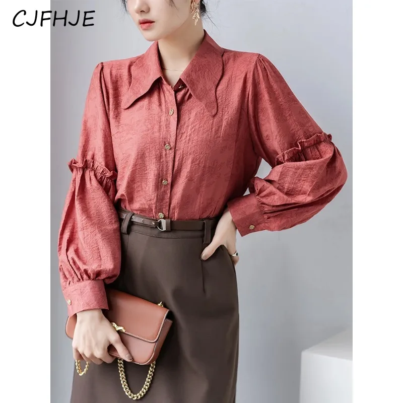 CJFHJE Vintage Single-Breasted Turn-Down Shirts Lantern Long Sleeve Office Ladies Elegant Chic Office Ladies Workwear Blouse