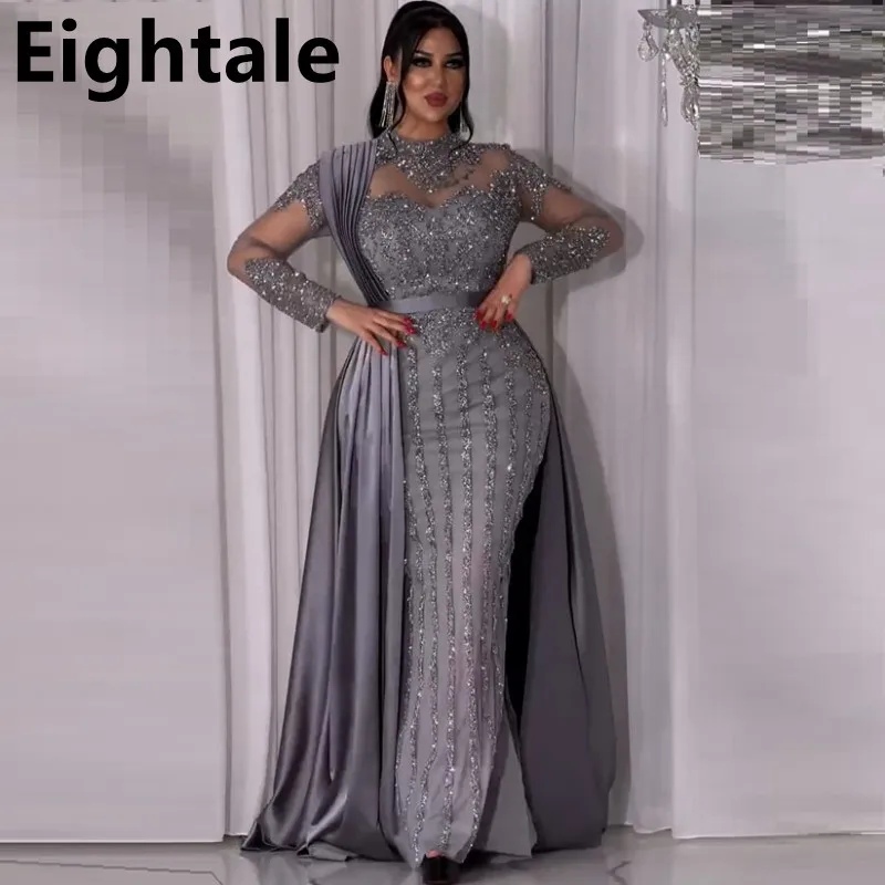 Customized Long Sleeve High Neck Mermaid Gray Evening Dress For Wedding Party Luxury Sequined Formal Prom Dress Dubai Party Gown