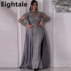 Customized Long Sleeve High Neck Mermaid Gray Evening Dress For Wedding Party Luxury Sequined Formal Prom Dress Dubai Party Gown