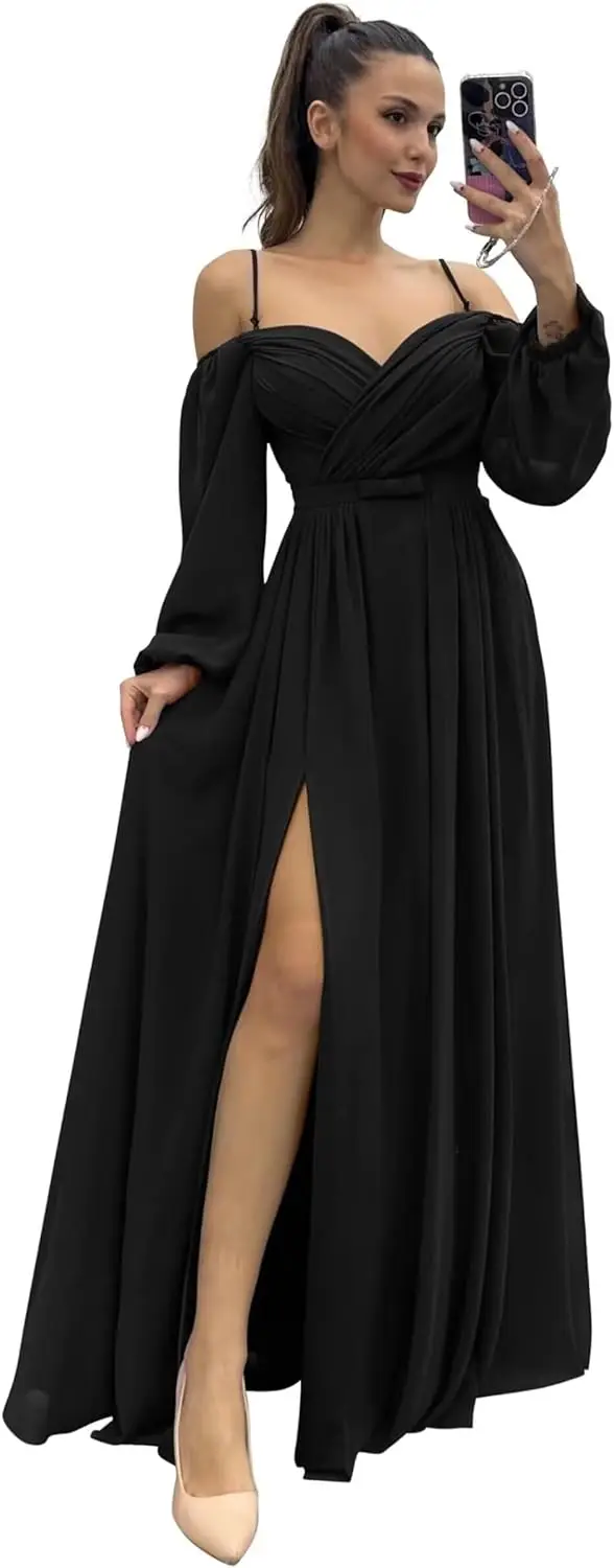 

Chiffon Bridesmaid Dresses for Women 2025 Long Slit Off Shoulder A Line Formal Evening Gown with Long Sleeves Prom Dress Gowns