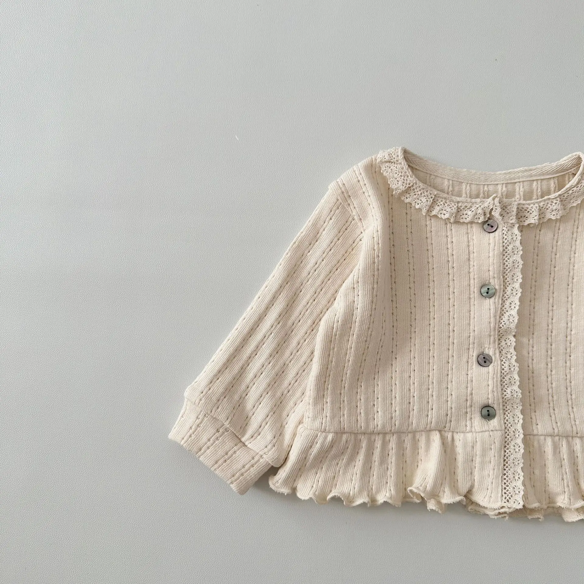 2024 Spring Ins Girl Baby Lace Long Sleeves Cardigans Solid Newborn Ruffle Casual Coat Sweet Infant Cotton Jacket Kids Clothes