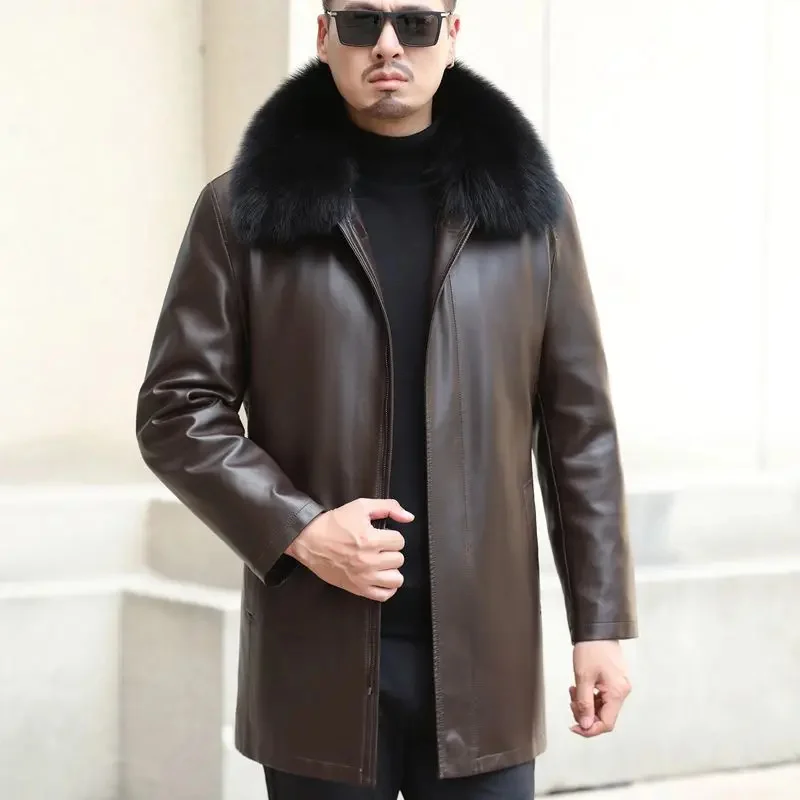 Inverno jaqueta de couro genuíno dos homens gola raposa pele carneiro para baixo masculino engrossar 90 pato branco casaco homem puffer roupas masculinas