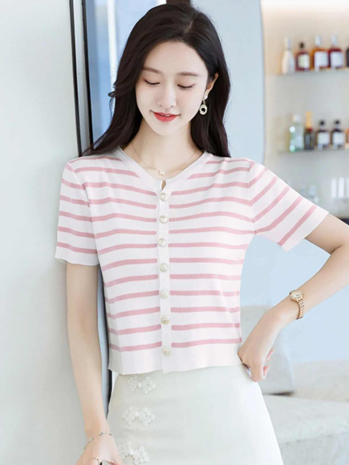 

Lightweight Knitted Ice Silk ort Sve Open Cardigan Women's Faion Summer Vintage Striped Straight Cut Commute Sle T-S...