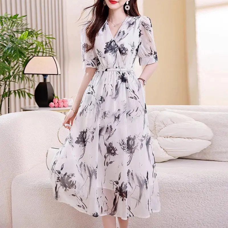 Large Size Women's Clothing 2025 Summer Fashionable Casual Drawstring Slimming Mid Length Printed Chiffon Dress G1211