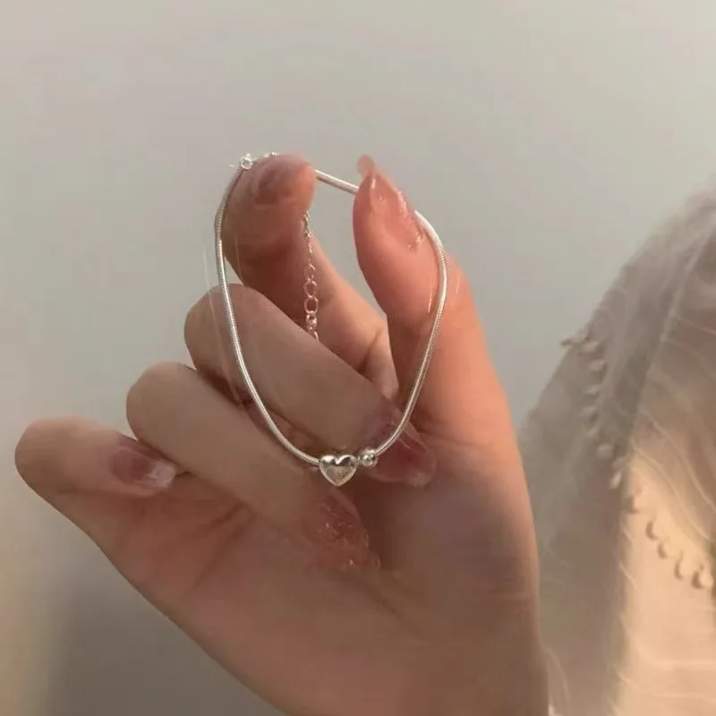 1Pc Dainty Heart Charm Snake Chain Bracelet, Silver‑Tone Minimalist Adjustable Chain Sweet Daily Stackable Wrist Ornament