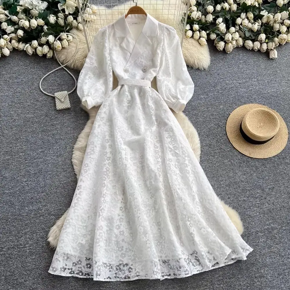 

Элегантное вечернее платье с цветочной вышивкой и кружевом, длинное, с вырезами, рукавами-фонариками, пуговицами-стразами, повседневное, с поясом, для вечеринок, 2026