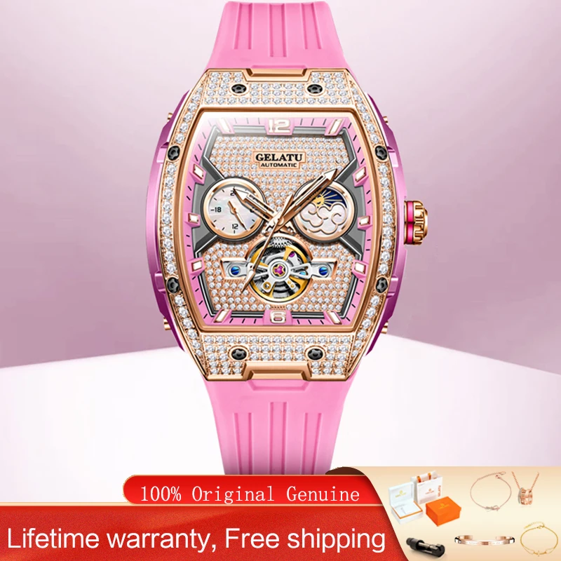 

GELATU 6016 High Quality Luxury Ladies Watch Automatic Mechanical Watch Silicone Strap Diamond Bezel Watches For Woman Genuine