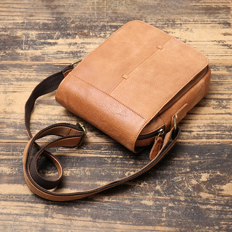 Men\'s Genuine Leather Shoulder Bag Fashion Men\'s Bag Flap Cowhide Bag Vintage Sling Bag 7.9 Inch Mini iPad Bag Leathfocus