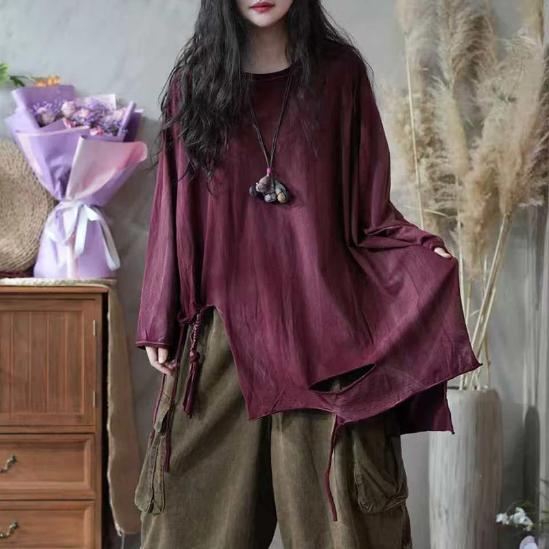 

2026 New Arrival Spring Women Loose Casual 100% Cotton Split Hole Design O-neck Tops Tees Asymmetrical Long Sleeve T-shirt X115