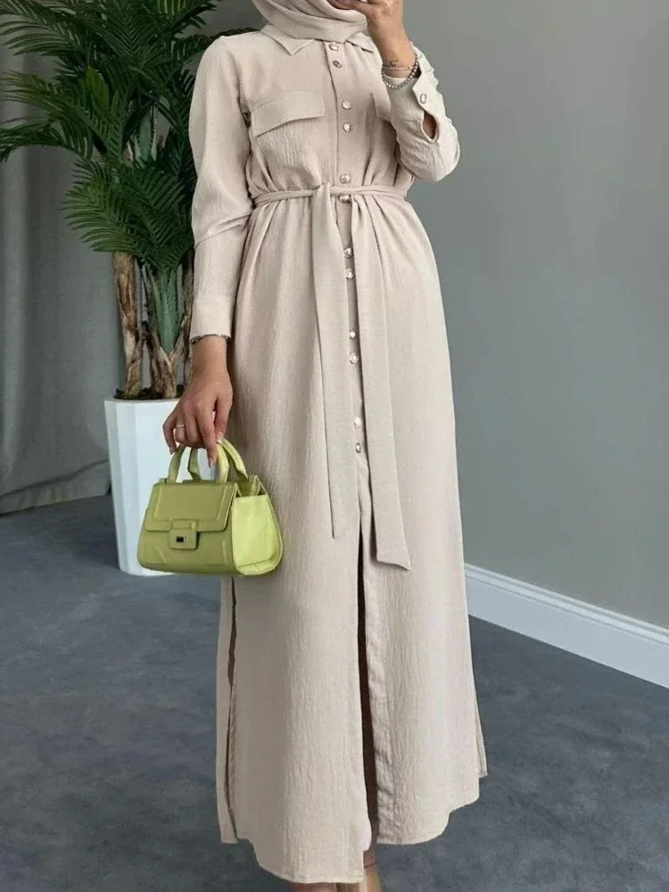 Autumn Muslim Dress for Women Abaya Button Up Cadigan Jalabiya Casual Shirt Dresses Dubai Abayas Kaftan Vestidos Arab Long Robe