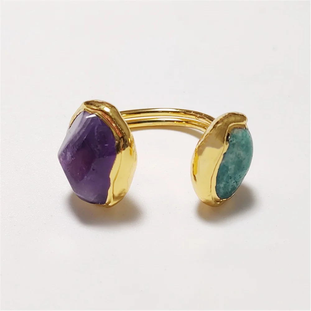 

FUWO 1Pcs Natural Gemstones Finger Ring,Golden Plated Amethysts Amazonite Double Stone Handmade Rings Jewelry For Women RG062