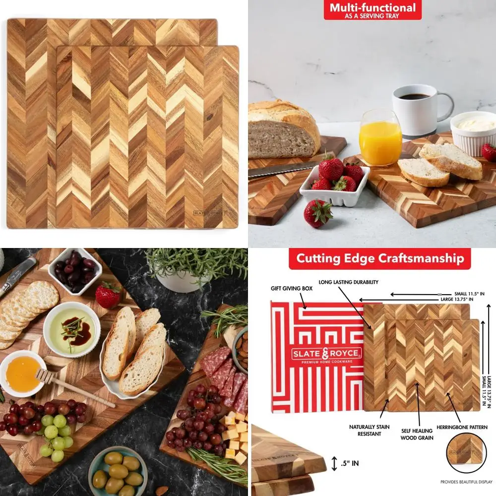 

Acacia Wood Herringbone Cutting Board Set - 2 Piece Kitchen Boards - Large and Small Wooden Boards for Professional Use
