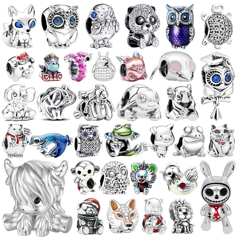 Blue eye Fox Owl Blue Gecko Highland Cow Elephant Charm Beads Fit Original 925 Silver Pandora Bracelet DIY Women Jewelry Gifts