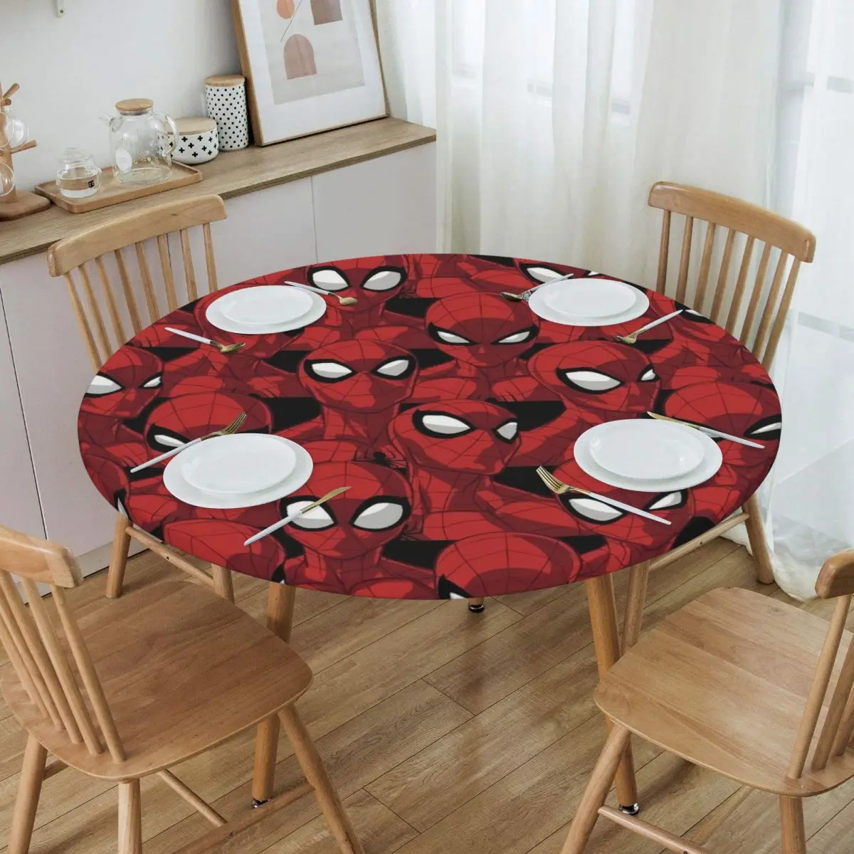 Round Waterproof Spider Man Cartoon Table Cover Elastic Fitted Comic Animated Table Cloth Backed Edge Tablecloth for Dining