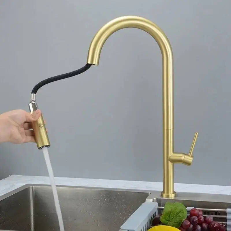 

Brushed Gold Pull Out Kitchen Faucets Stainless Steel Fauce Sink Rotating Spout Mixers Tap Hot Cold Water Crane