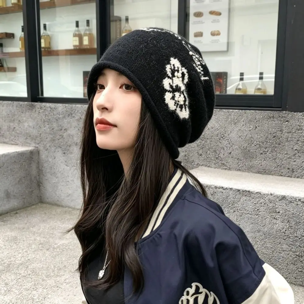 Versatile Ear Protection Floral Slouchy Beanie Windproof 56-58CM Fall Winter Cold Hat Knitted Stretchy Jacquard Knit Hat Daily