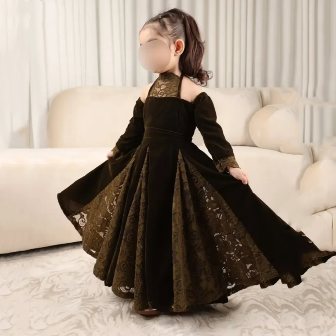 

Elegant Floral Velvet Lace Girl's Dress High Neck Long Sleeve for Birthday Parties And First Communion