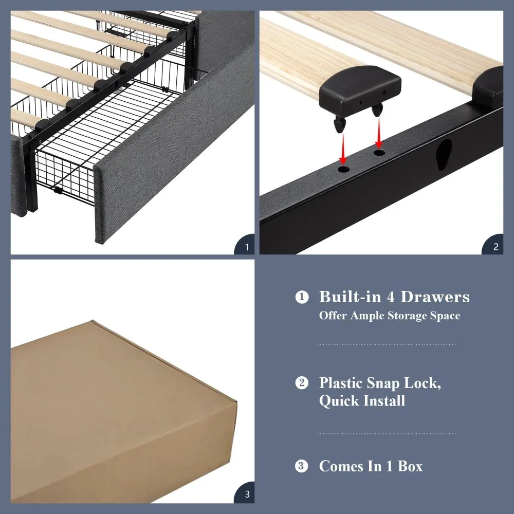 Cadre de lit à plateforme Queen Size avec 4 égouts de proximité de stockage, planche de sauna, bouton cousu en diamant, touffeté, matelas