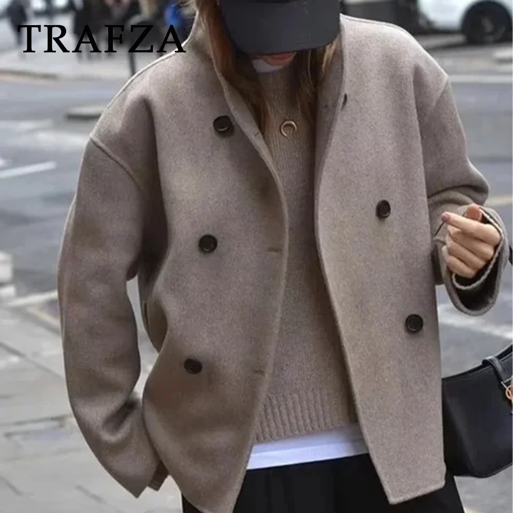 TRAFZA Fashion 2025 Spring Winter Women Casual Solid Woolen Coat Office Lady Loose Double Breasted Turtleneck Demi-season Jacket