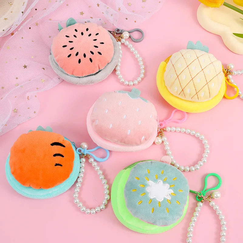 Cute Beaded Chain Fruit Shape Plush Coin Purse Watermelon Pineapple Orange Strawberry Purse Bag Pendant Kids Coin Pouch Wallet