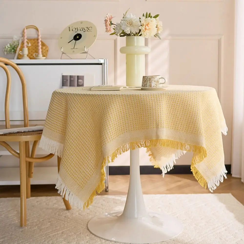 

Retro Multi-purpose Garden Table Cloth White Waffle Texture Round Table Tablecloth Fringe Tassel Dinner Tea Table Covers Coffee