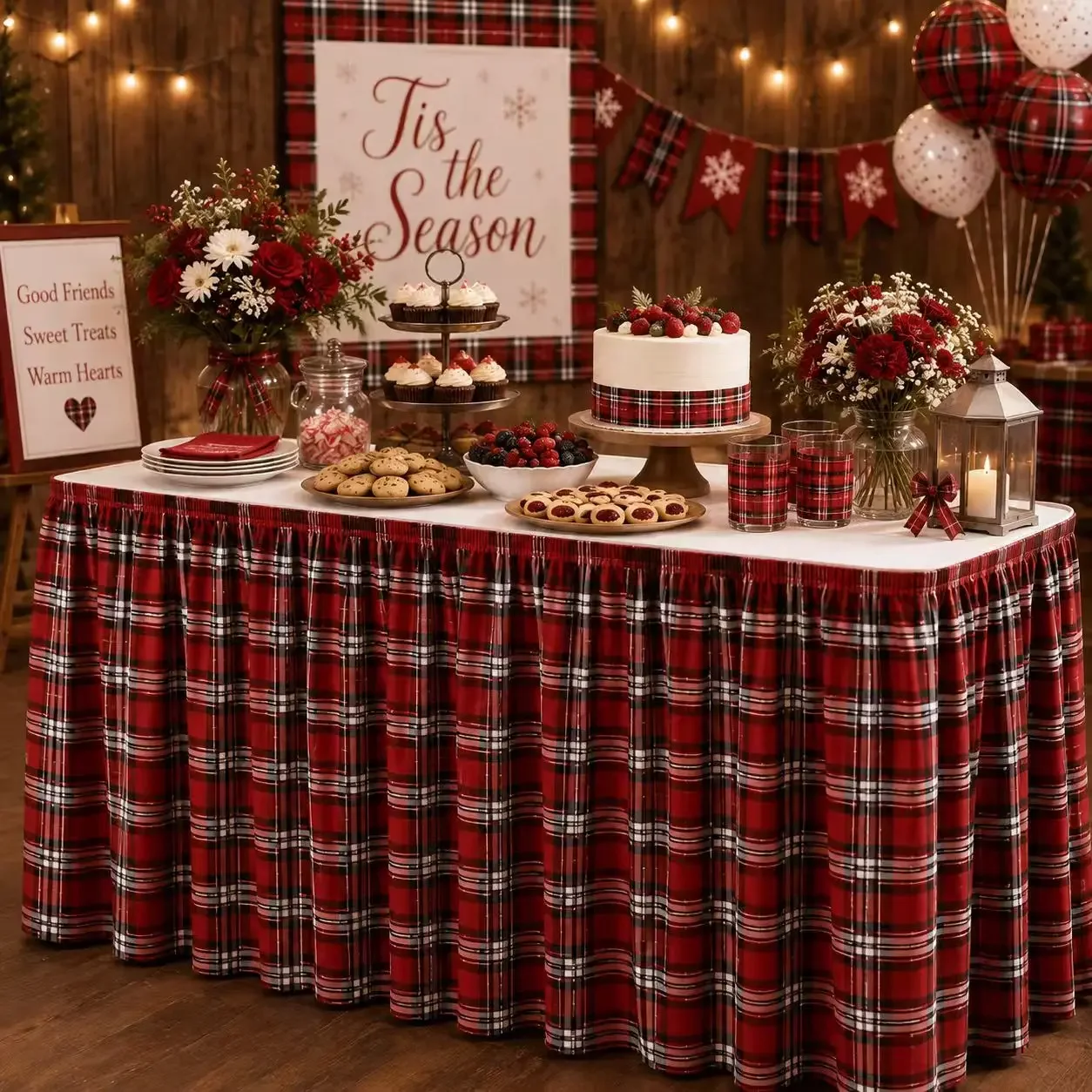 Table skirt: 1 piece. 2D flat printing. Featuring a red and black Christmas check pattern. Classic American festive style.