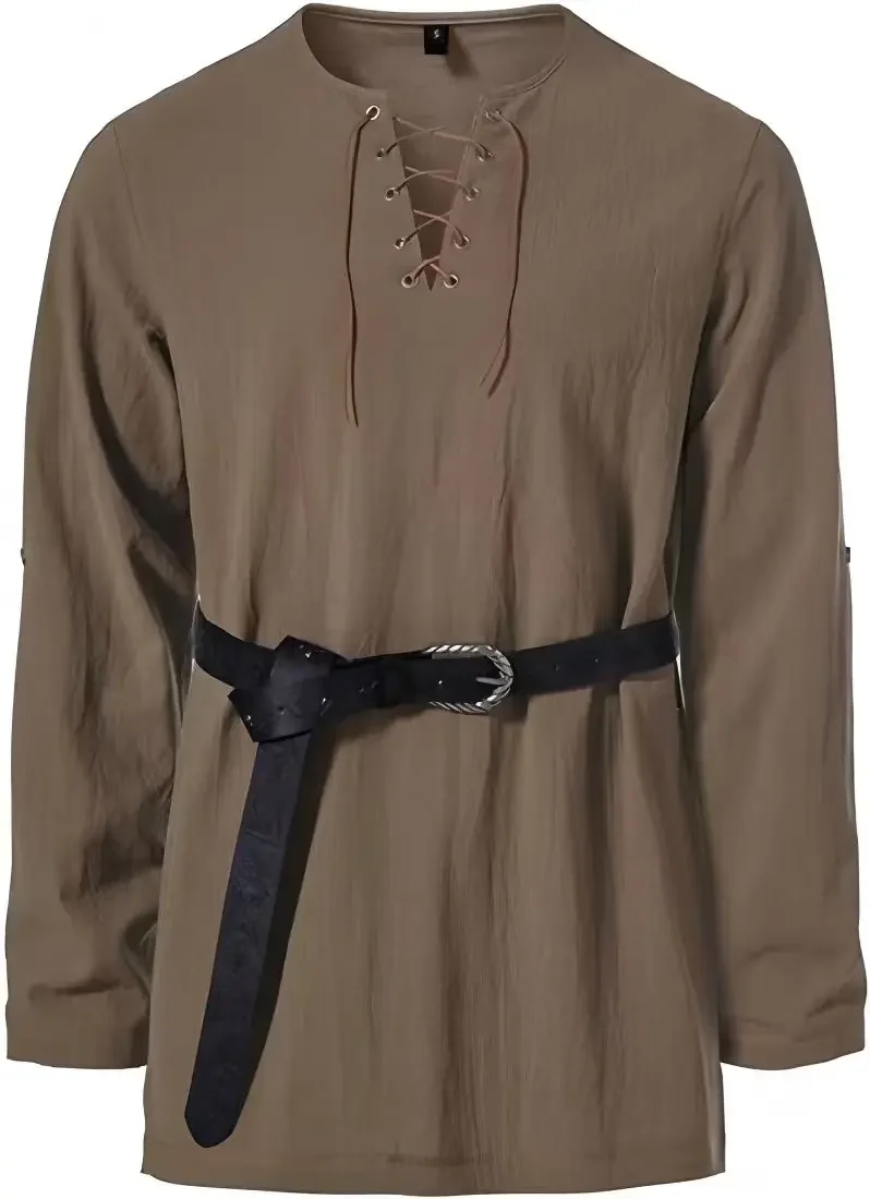 Mittelalterliches Schnürhemd für Herren mit Gürtel, langärmelig, Vintage-Piraten-Wikinger-Oberteil, Halloween-Cosplay-Kostüm, lässige Bluse – Detail 27