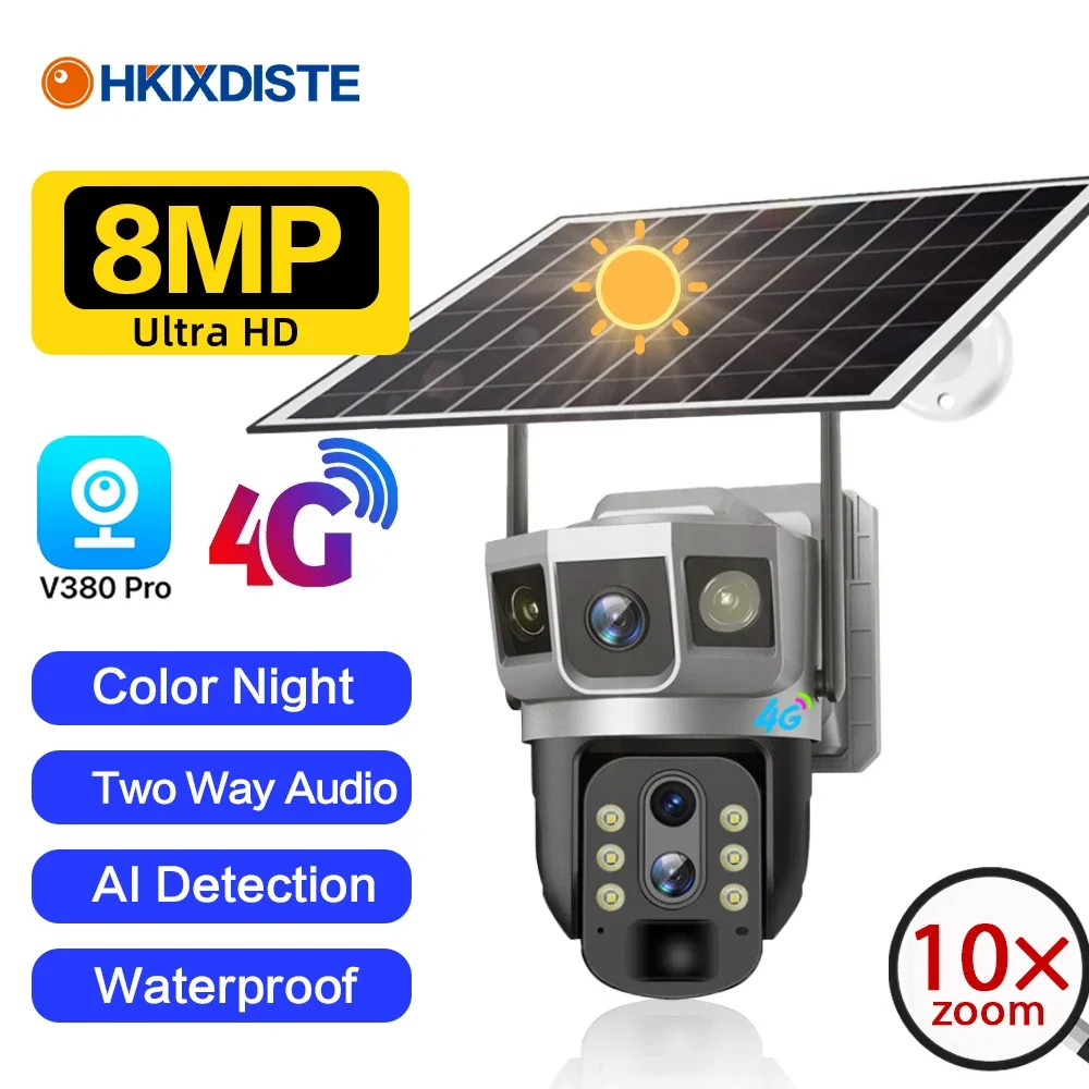 4G Solar Wifi PTZ Camera Duan Lens 10X Zoom Outdoor 4K 8MP HD Wireless CCTV Security Camera Auto Tracking Battery Powered IP Cam