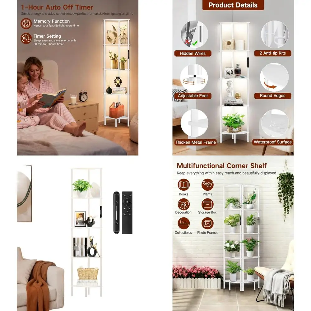 

LED-Illuminated 5-Tier Corner Shelf with Touch & Remote Control, Dimmable, 3-Color Temperature, 1-Hour Timer, for Living Room &