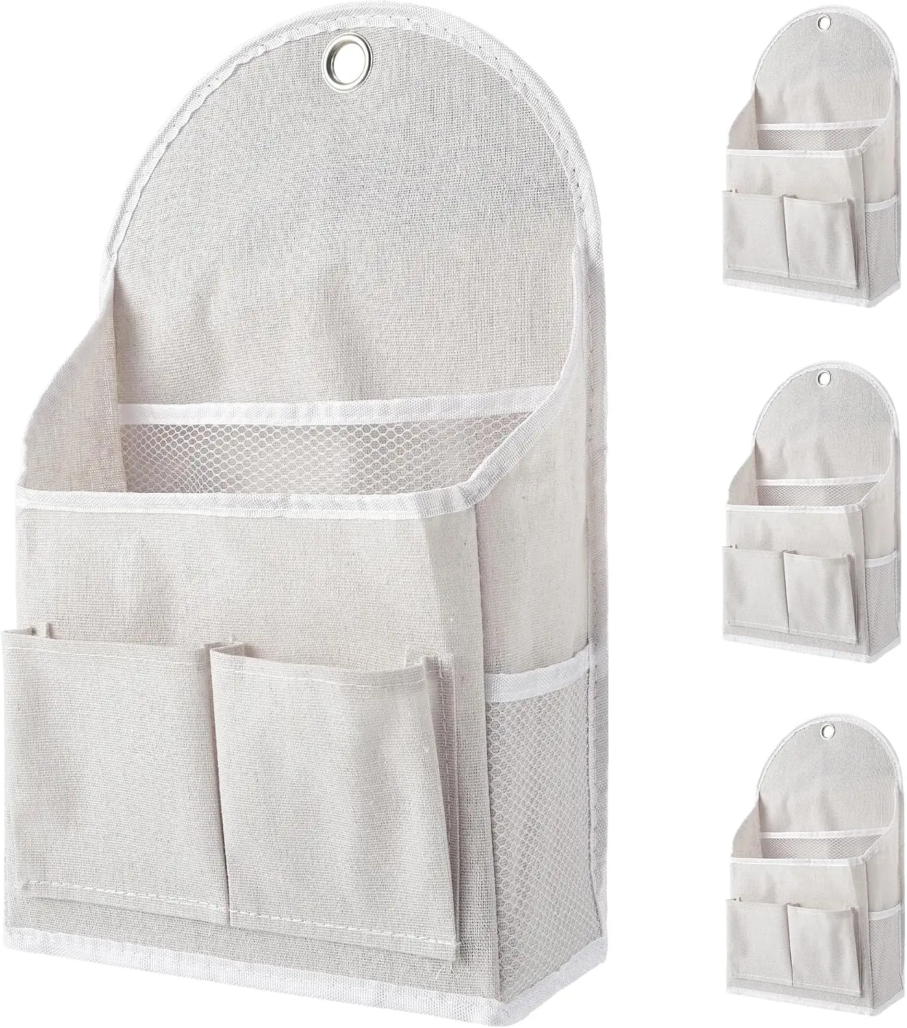 Garvee 4-Pack Space-Saving Wall Hanging Organizer Bags Cotton Linen, Waterproof, Metal Grommet Hooks, Mesh Front & Side Pockets Closet Storage Solution