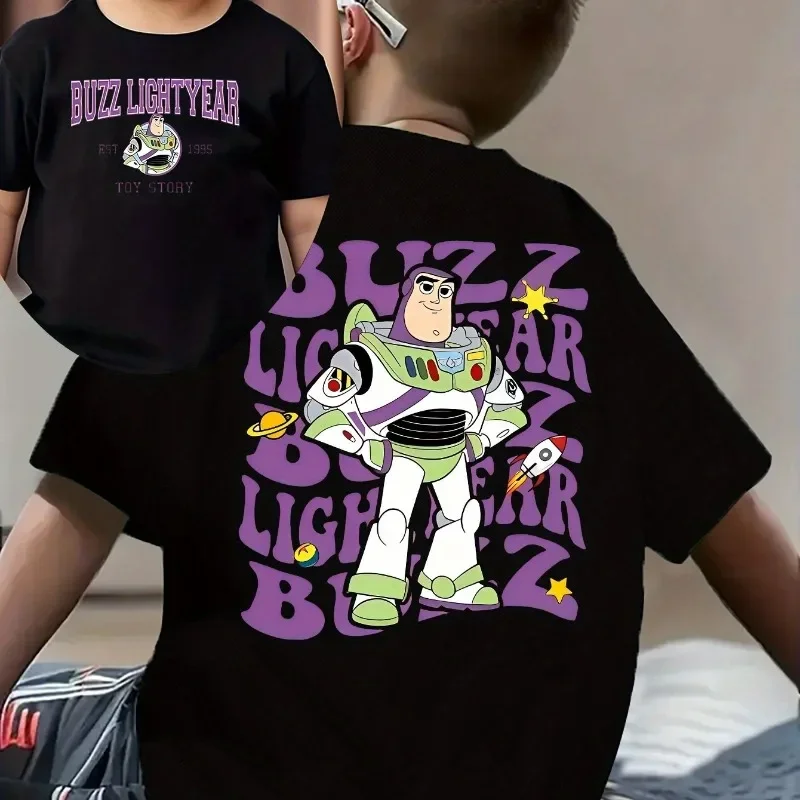 Camiseta de verano 100% algodón para niños, tela cómoda y transpirable, estampado con diseño de Buzz Lightyear de Disney, adecuada para salidas informales