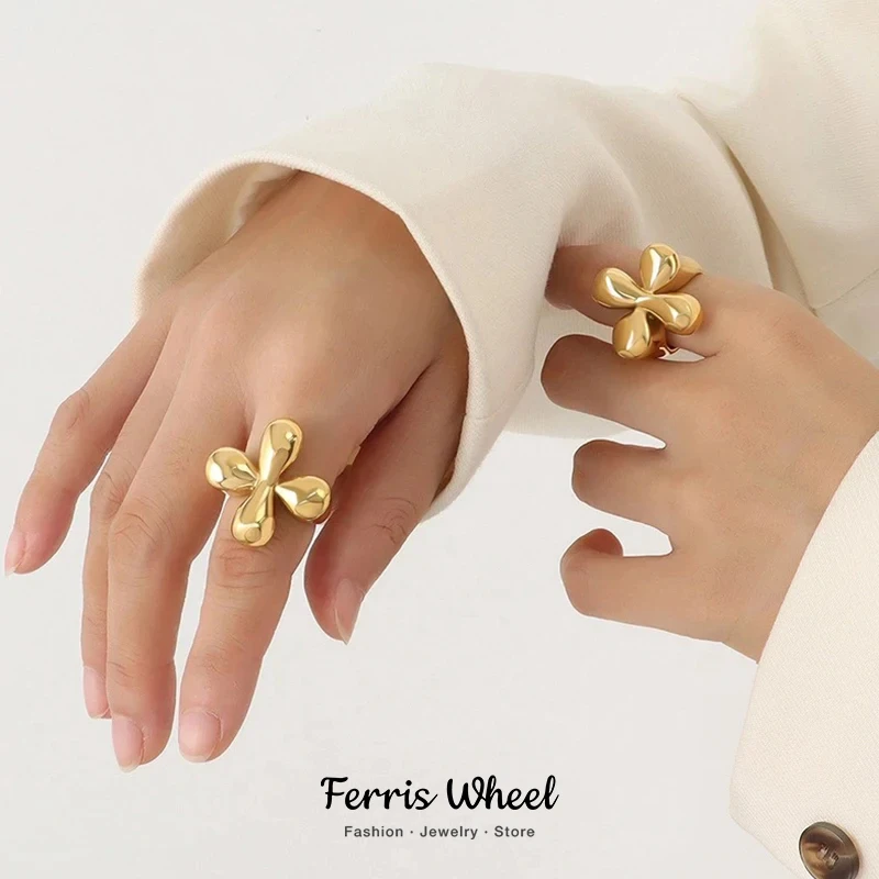 Vintage Flower Rings for Women Stainless Steel Index Ring Exaggerated Style Handwear Romantic Girl Gift Jewelry