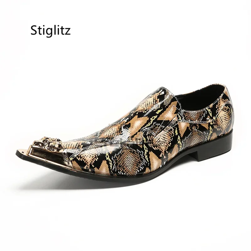 Metal Pointed Toe Prints Men's Business Shoes Snake Pattern Banquet Wedding Shoes Spring Autumn Slip On Genuine Leather Shoes