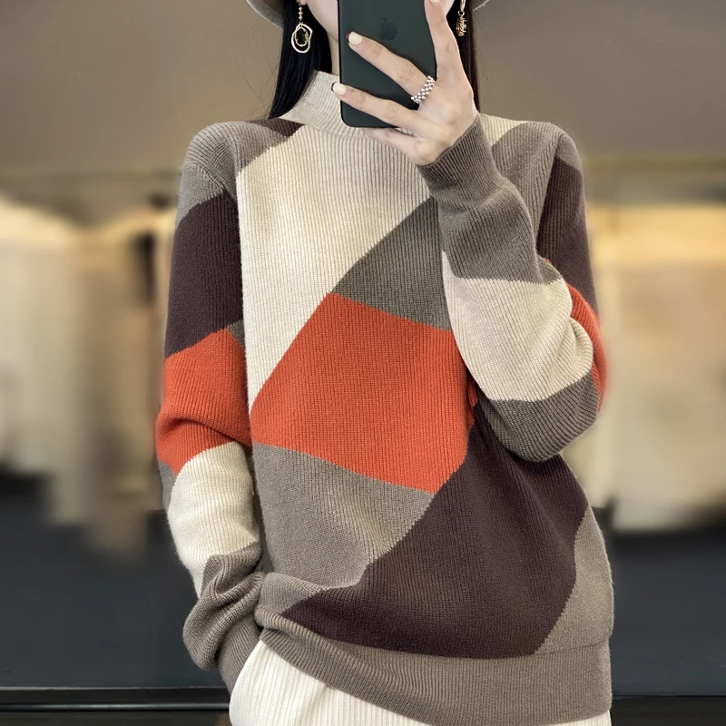 Donna nuova lana caldo morbido maglione collo mezzo alto Pullover addensato autunno inverno Casual lavorato a maglia diamante Color Block Top