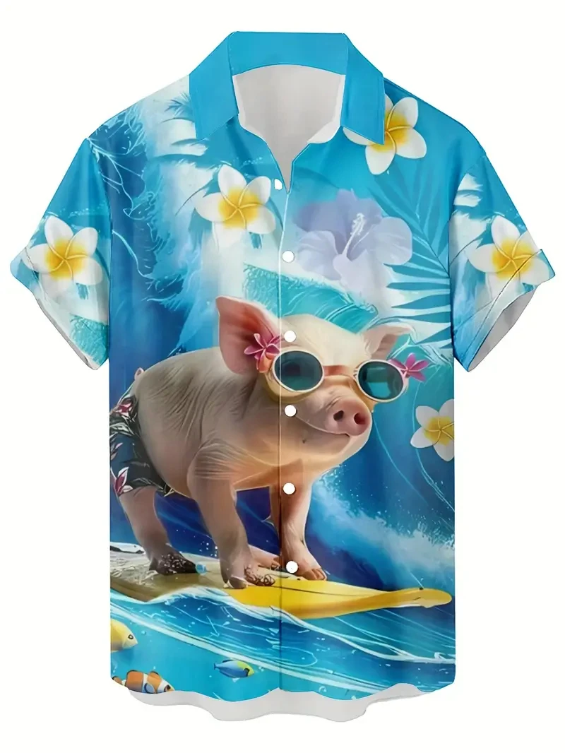 Kemeja Pria Musim Panas Baru 3D Dicetak Kartun Babi Pola Kemeja Hawaii Kasual Dicetak Bunga Lengan Pendek Hawaii Unisex Atasan