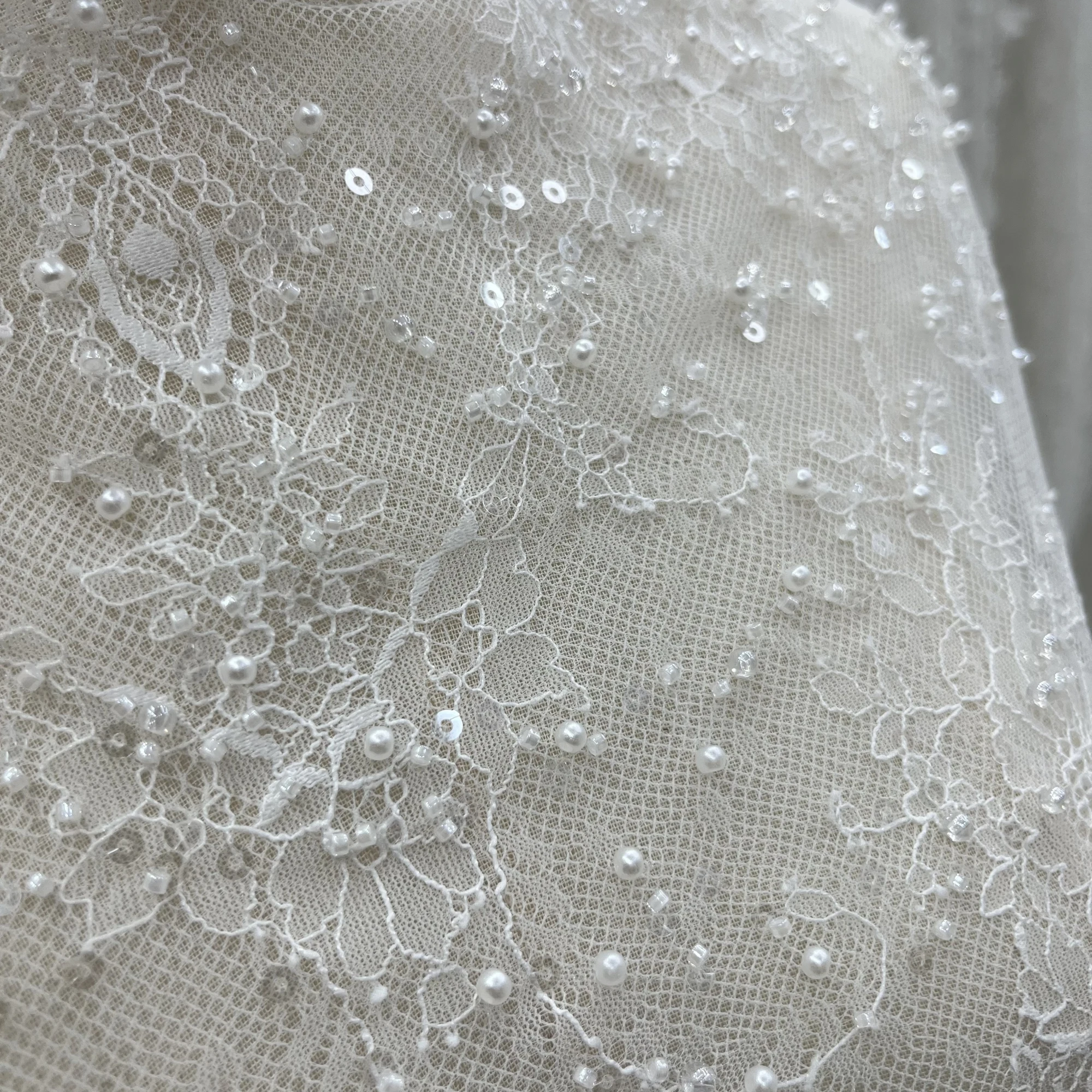 Elegant And Exquisite Sequined Beads Pearls French Lace Embroidery, High-End Wedding Gown Bespoke Evening Dress Fabric. - Image 3