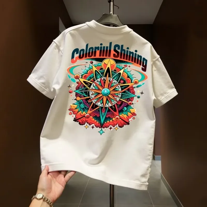Psychedelic Star Compass with Neon Text Tee 100% Cotton Mens T Shirt for Summer Daily Wear Features A Vivid Artistic Style