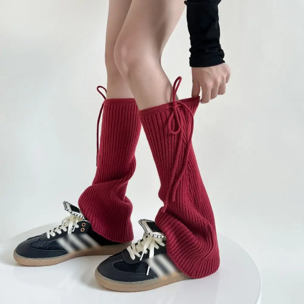 

Solid Color Lace Up Bowknot Leg Cover Sweet Elastic Lolita Boots Cover Y2K Harajuku Style Knitted Foot Cover Girl