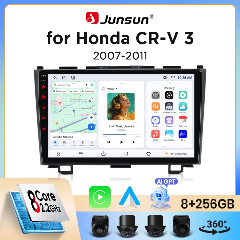 Junsun Wireless CarPlay Android Auto Autoradio für Honda CR-V Mk3 (RE) 2006-2012 mit eingebautem Lüfter, Android GPS-Navigation, Multimedia-Player, WiFi, DSP, RDS, BT, SWC, IPS-Touchscreen, Autoradio,