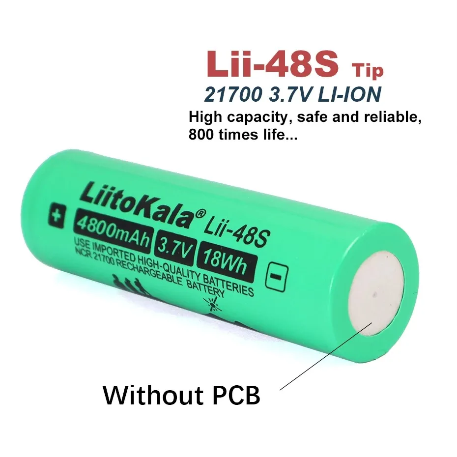 LiitoKala Lii-48S Tip 3.7V 4800mAh 21700 Li-lon Rechargeable Battery 9.6A Power 2C Rate Discharge Ternary Lithium Batteries