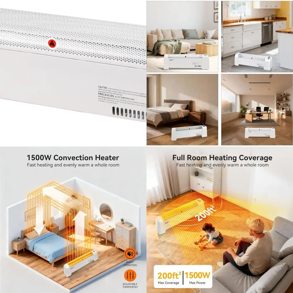 

Электрический конвекционный обогреватель мощностью 1500 Вт с регулируемым термостатом, защитой от перегрева, бесшумным управлением, белый для внутреннего использования