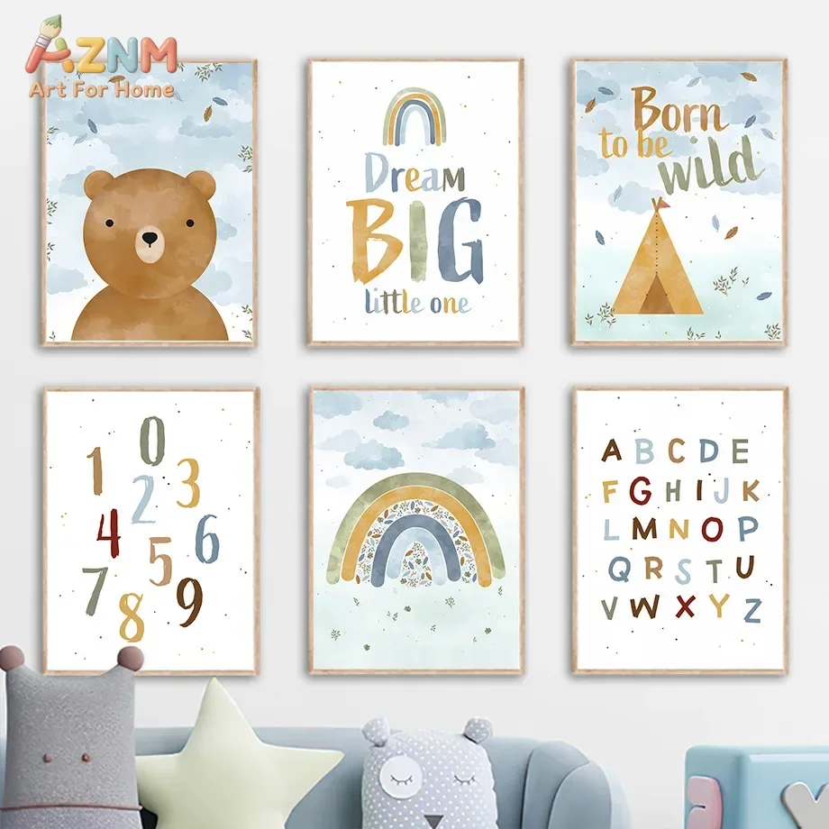 AZNM Watercolor Bear Rainbow Alphabet Number Canvas Wall Art Inspirational Quote Nursery Decor Unframed Canvas Print Kids Bedroo
