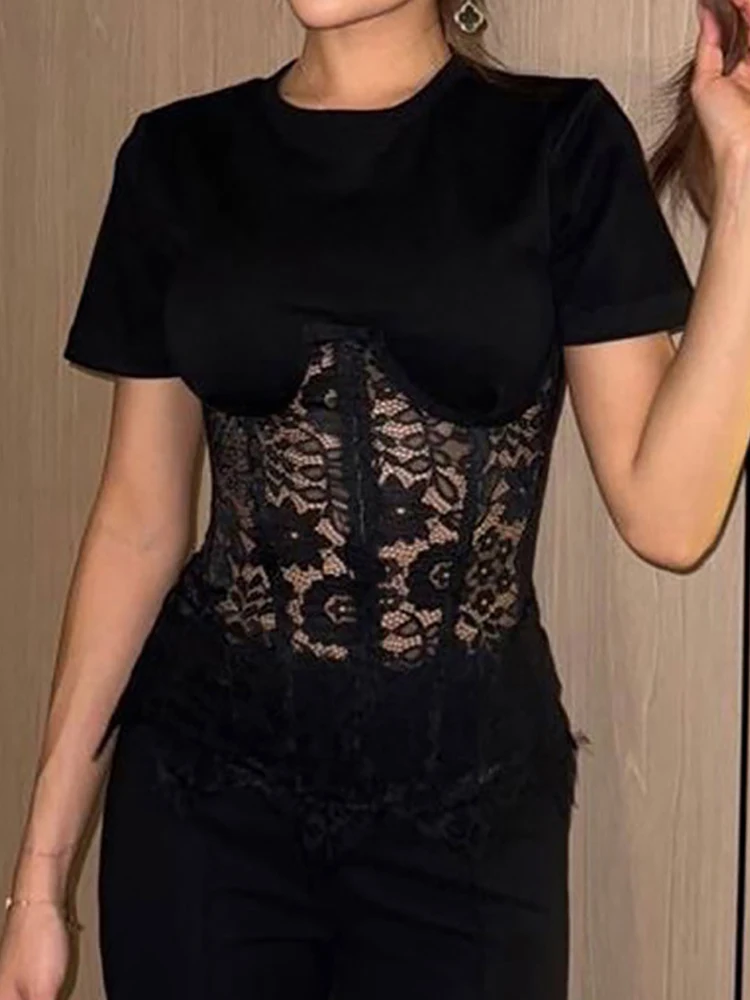 

Summer Women O Neck See Through Chic Blouses, Holiday Short Sleeve Elegant Simple Tops, 2026 Lace Patchwork Ladies Shirts Blusas